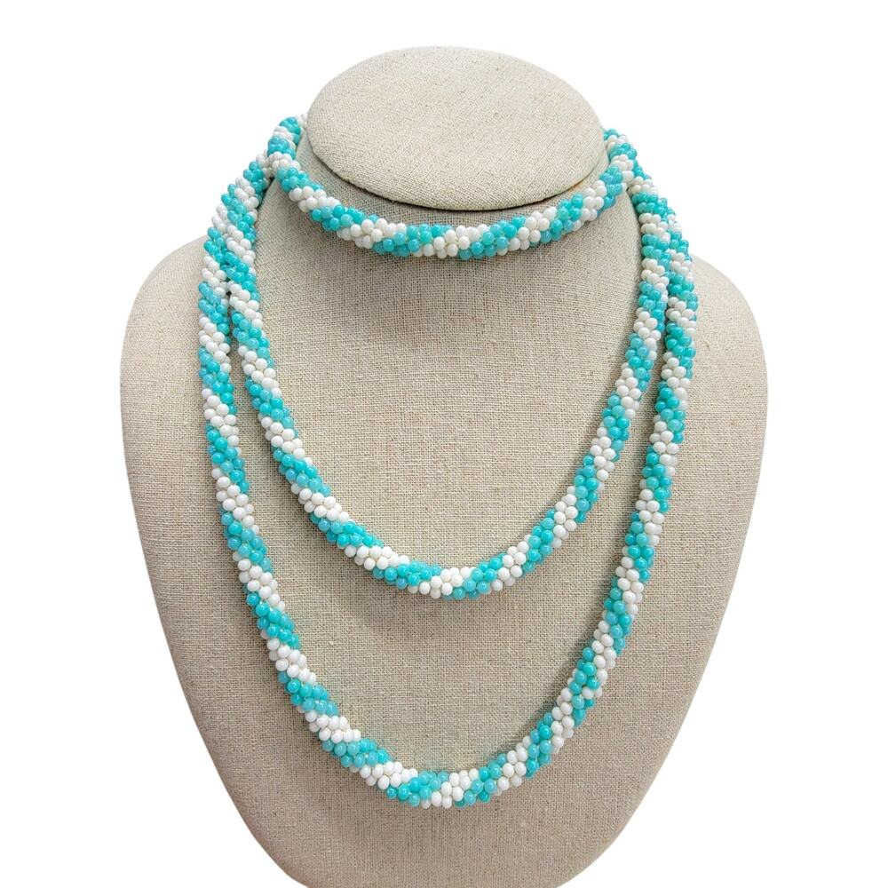 Vintage Turquoise White Seed Bead Rope Necklace Continuous Loop Spiral Flapper